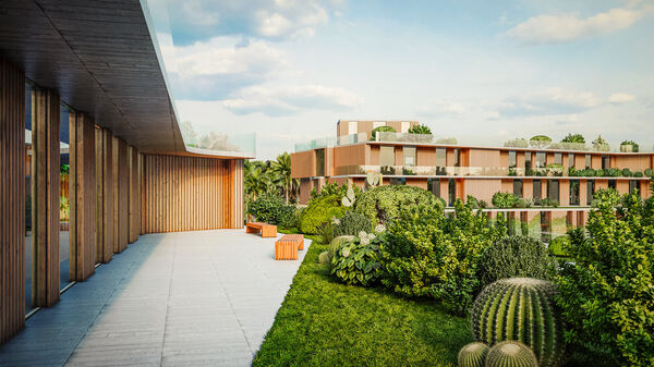 Außenaufnahme eines modernen Gebäudes mit Park