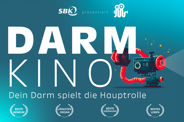 Kinoplakat Darmkino zeigt eine Kamera mit Filmrolle, die wie ein Darm aussieht