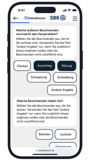 Smartphone Screen von OnlineDoctor mit Problemauswahl