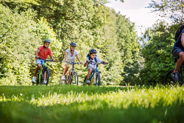 Familie fährt Fahrrad im grünen