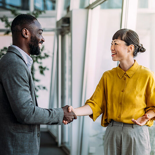 Ein Mann und eine Frau geben sich die Hand.