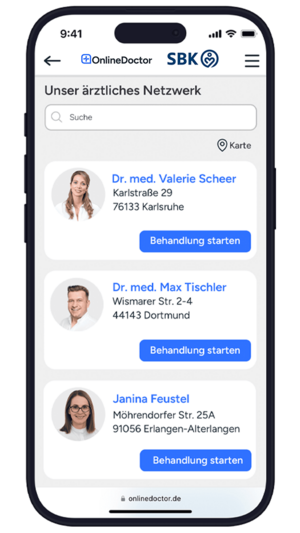 Smartphone Screen von Online Doctor mit Arztauswahl