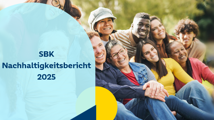 Fröhliche Menschengruppe im Hintergrund, vorne ein Text: SBK Nachhaltigkeitsbericht 2025