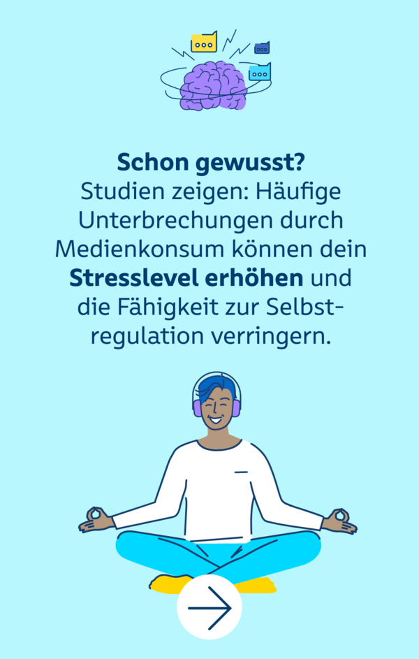 Schon gewusst? Studien zeigen: Häufige Unterbrechungen durch Medienkonsum können dein Stresslevel erhöhen und die Fähigkeit zur Selbstregulation verringern.