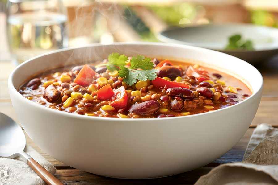 Chili Sin Carne angerichtet auf Tisch.