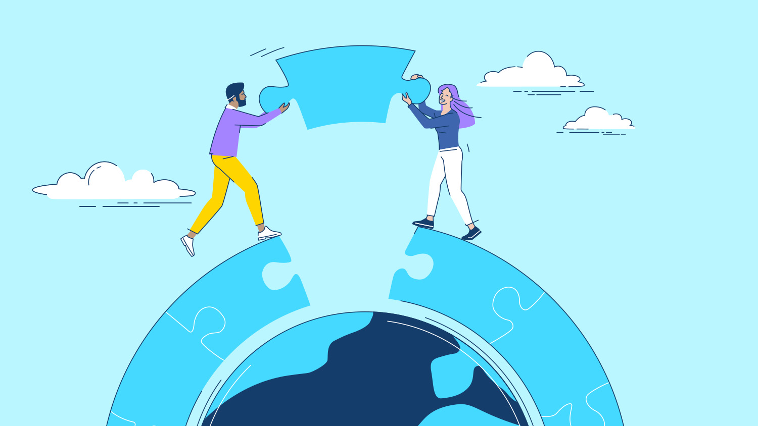 Illustration zwei Menschen Puzzeln gemeinsam.